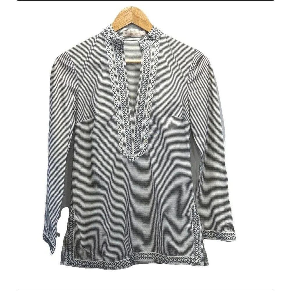 Tory Burch Stripe Embroidered Tunic Top Sz 0 Navy White Boho Stretch Cotton